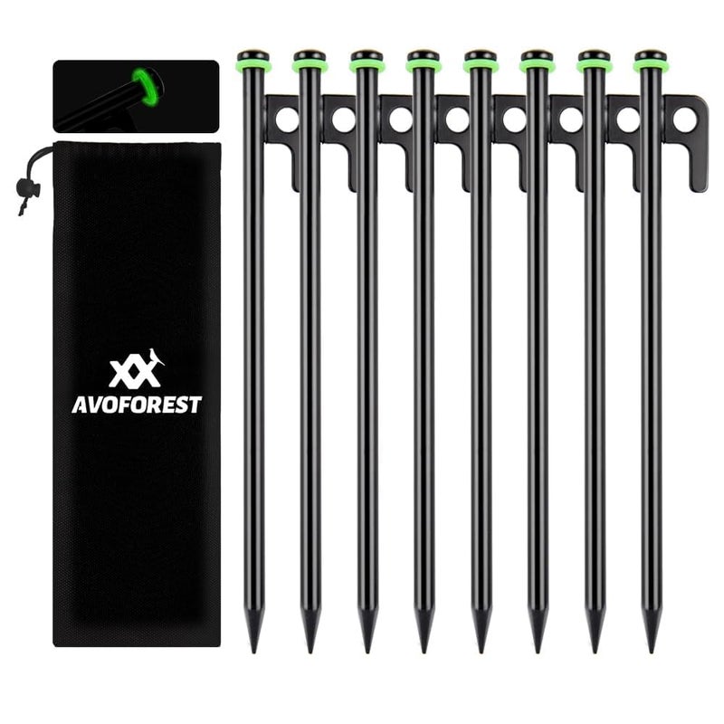 AVOFOREST 8Inch Heavy Duty Tent Stakes,8 PCS Tent Pegs Metal+Fluorescent Silicone Rings+ Storage Bag for Camping - Image 1